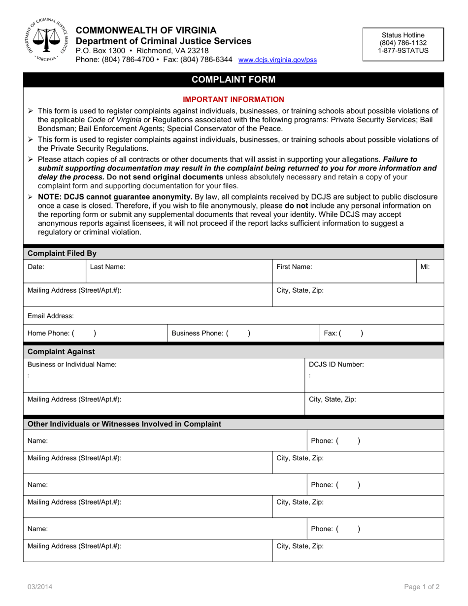 Complaint Form - Virginia, Page 1