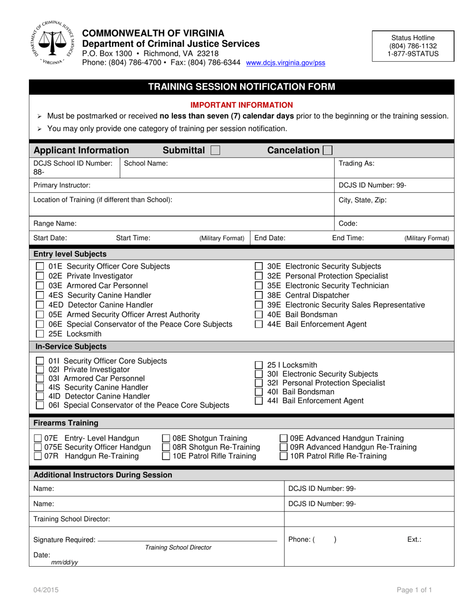Training Session Notification Form - Virginia, Page 1