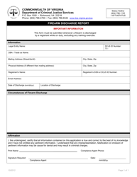 Document preview: Firearm Discharge Report Form - Virginia