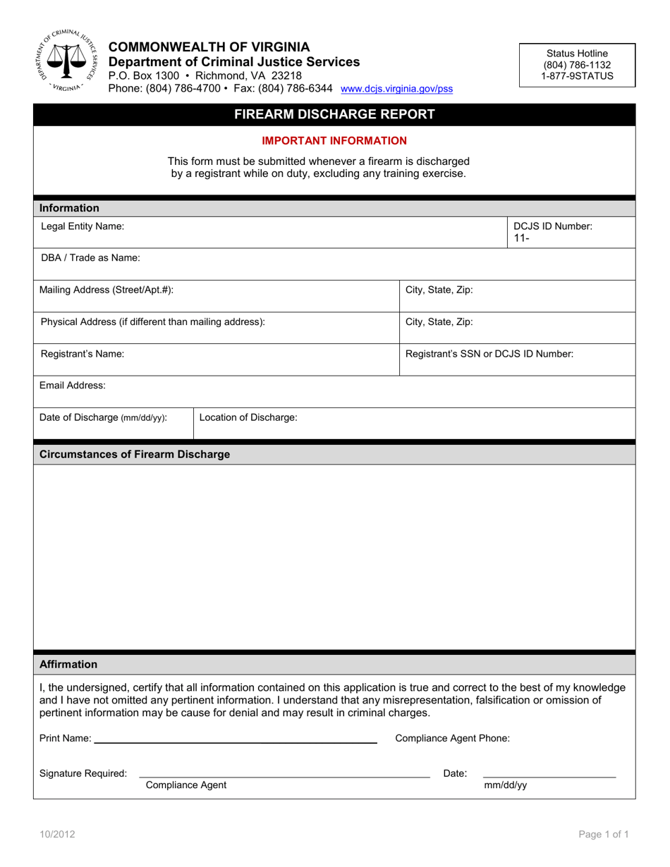 Firearm Discharge Report Form - Virginia, Page 1