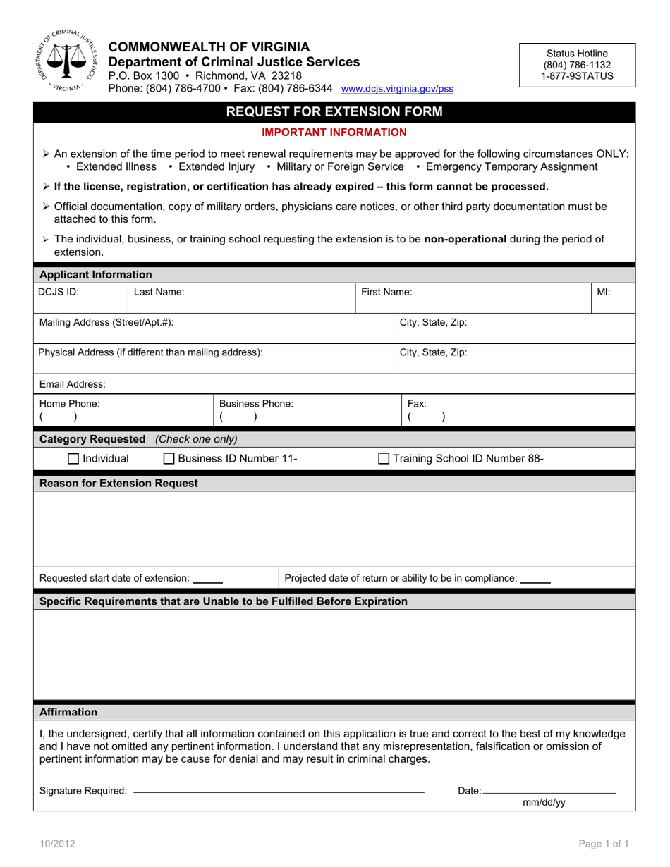 Request for Extension Form - Virginia, Page 1