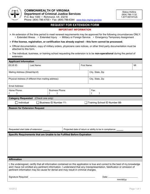 Request for Extension Form - Virginia Download Pdf