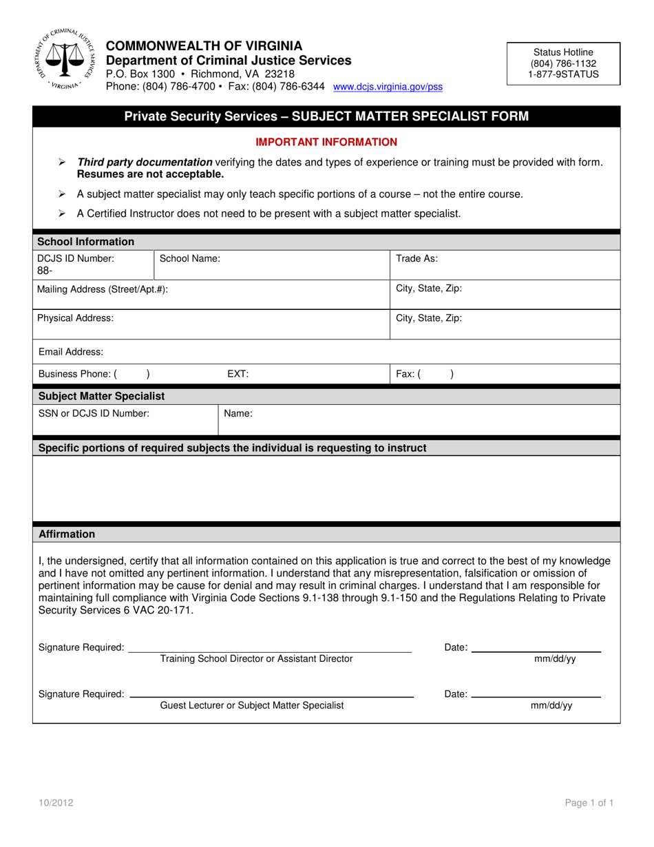 Subject Matter Specialist Form - Virginia, Page 1