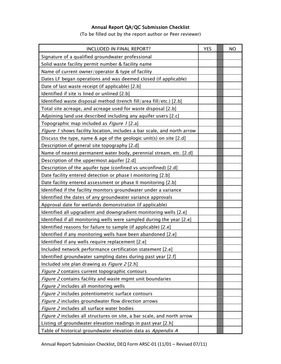 DEQ Form ARSC-01 Annual Report Submission Checklist - Virginia, Page 1