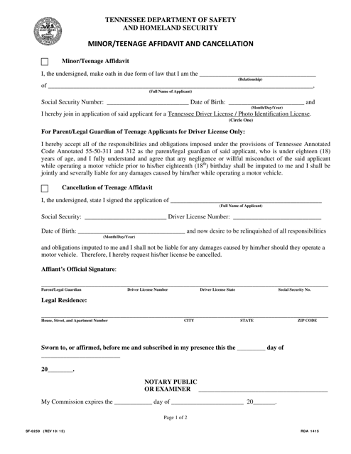 Form SF-0259 Minor/Teenage Affidavit and Cancellation - Tennessee