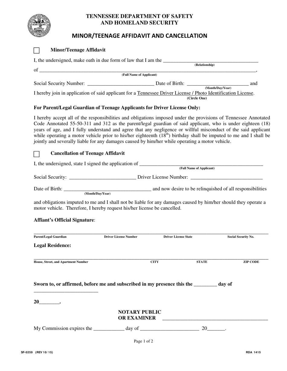 Form SF-0259 Minor / Teenage Affidavit and Cancellation - Tennessee, Page 1