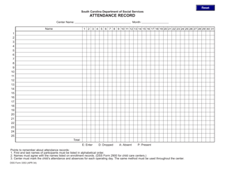 Document preview: DSS Form 3353 Attendance Record - South Carolina