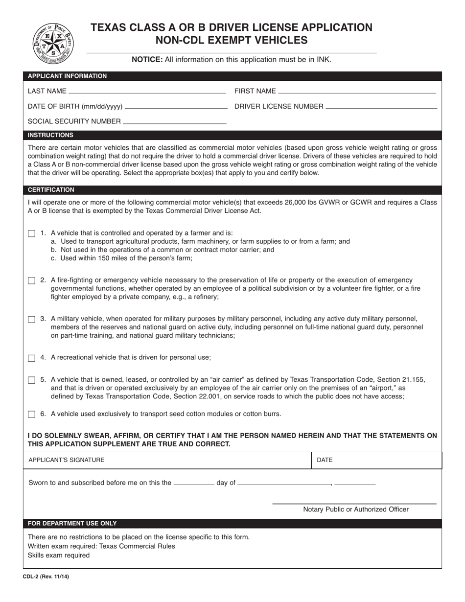 Form CDL-2 Texas Class a or B Driver License Application Non-cdl Exempt Vehicles - Texas, Page 1