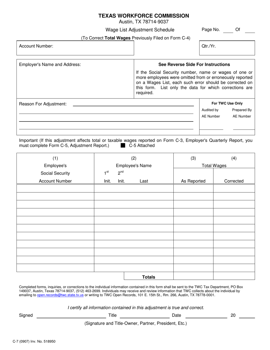 Form C-7 Wage List Adjustment Schedule - Texas, Page 1