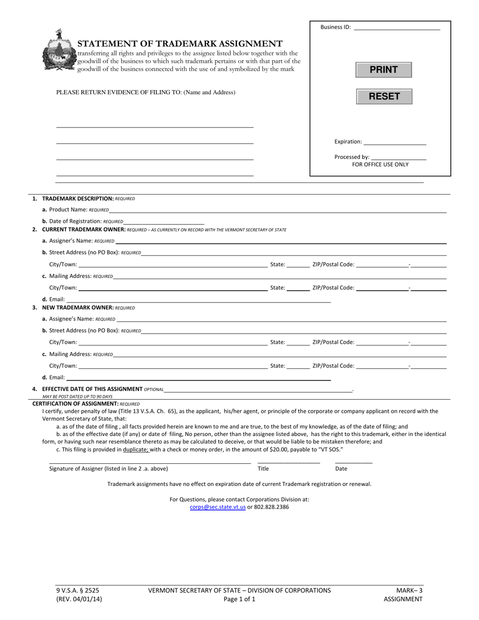 Form MARK-3 Statement of Trademark Assignment - Vermont, Page 1