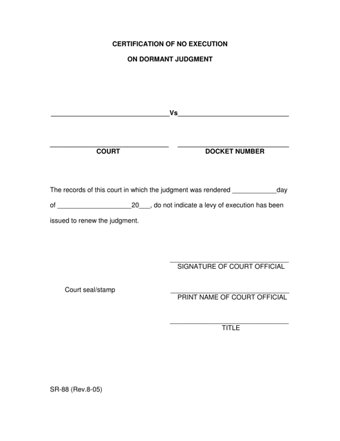 Form SR-88 Certification of No Execution on Dormant Judgment - Texas