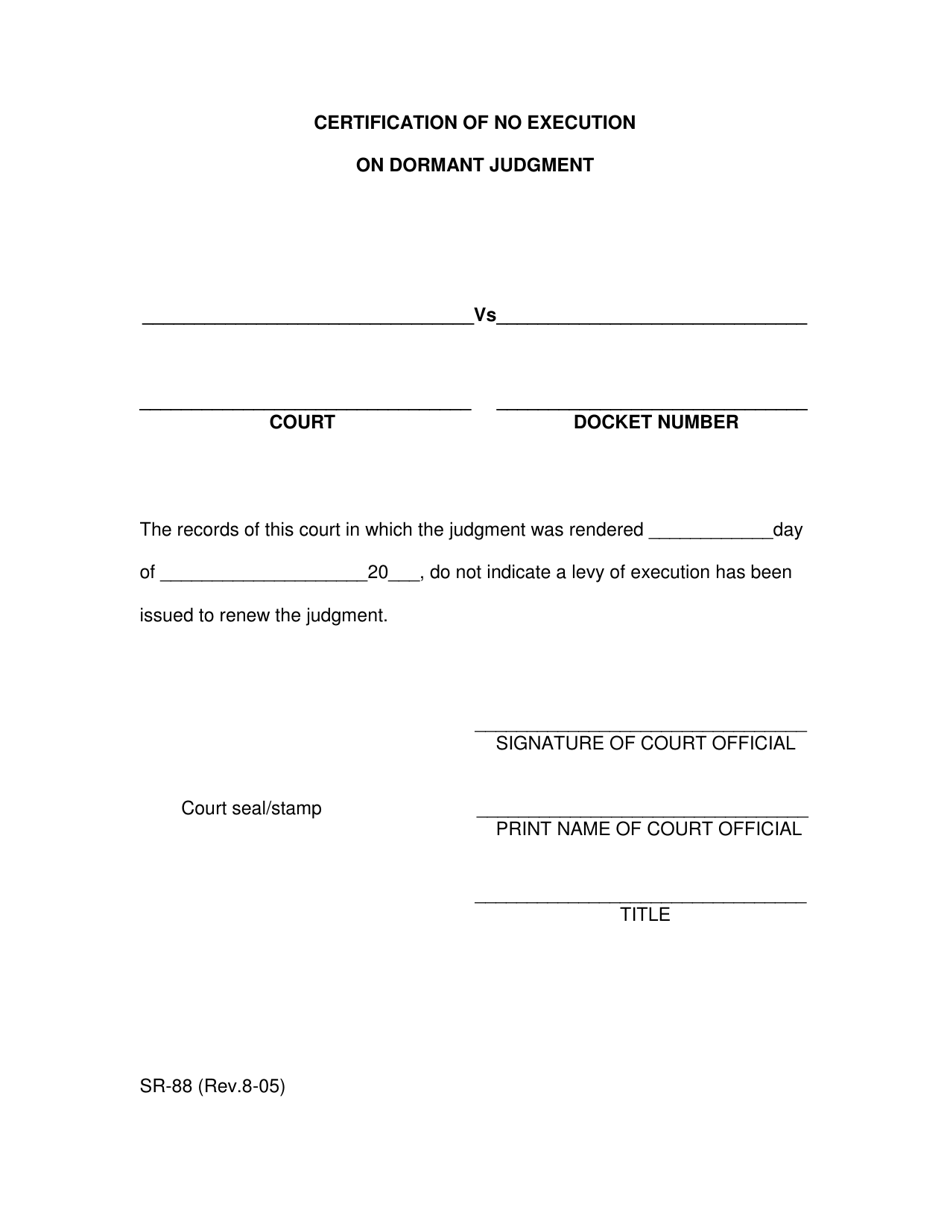 Form SR-88 Certification of No Execution on Dormant Judgment - Texas, Page 1