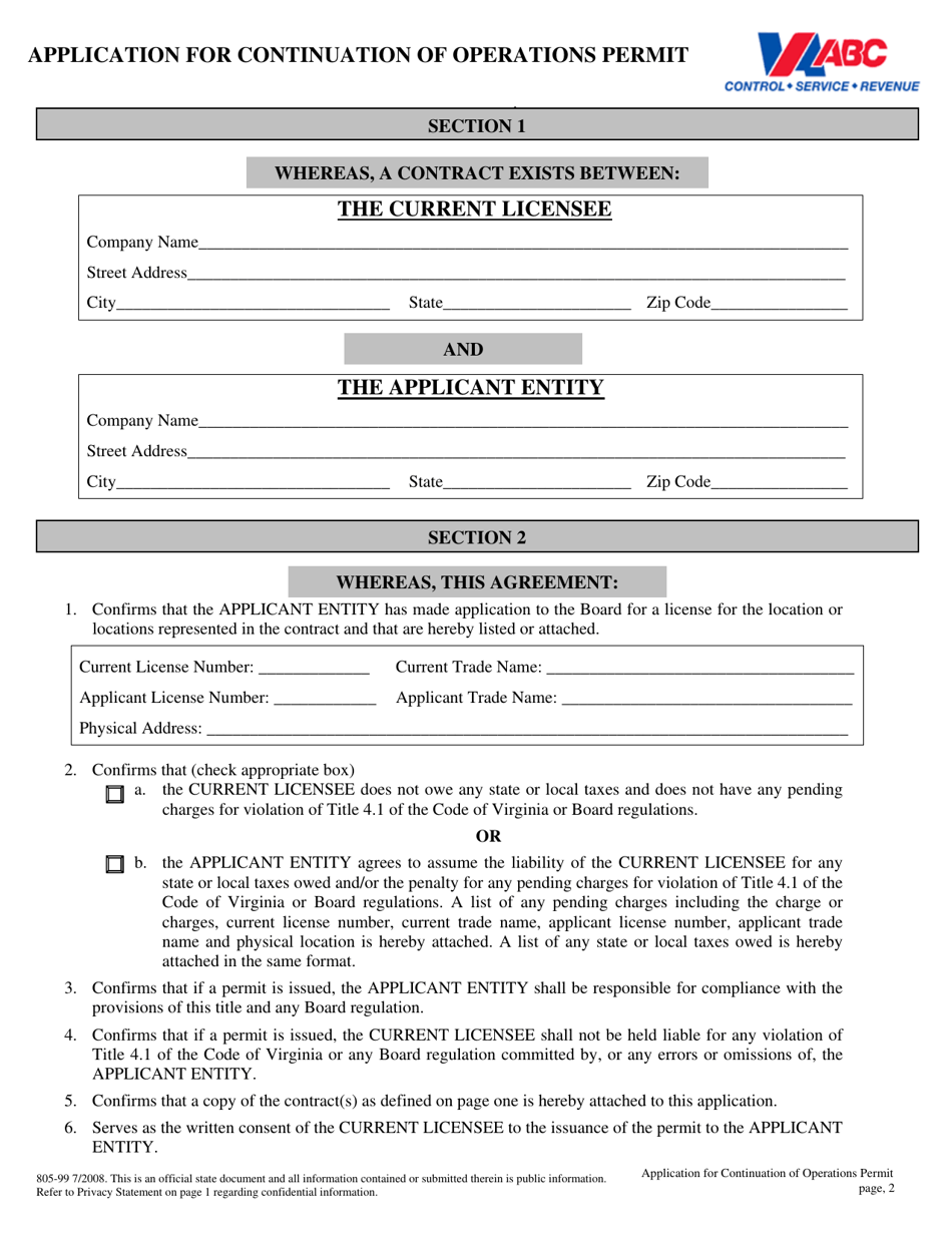Form 805-99 Application for Continuation of Operations Permit - Virginia, Page 2