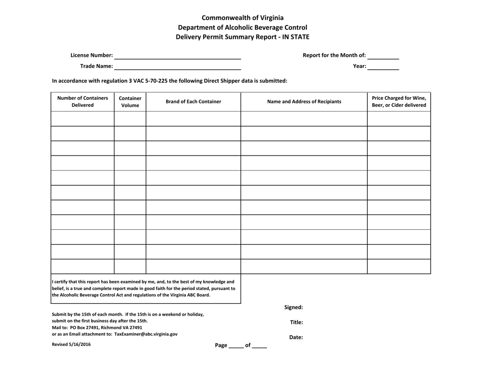 Virginia Delivery  give leave to enter Summary  balance Download Printable  