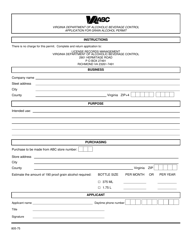 Document preview: Form 805-75 Application for Grain Alcohol Permit - Virginia