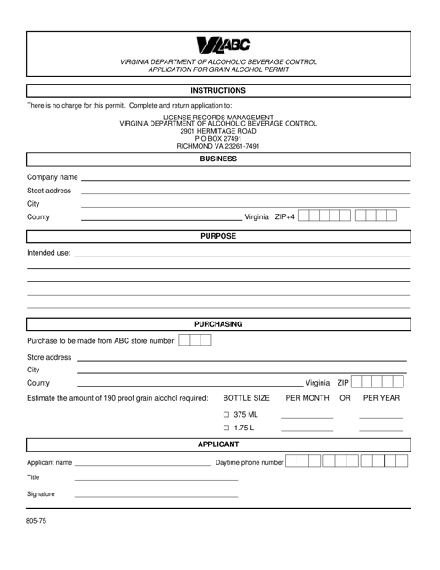 Form 805-75 Application for Grain Alcohol Permit - Virginia