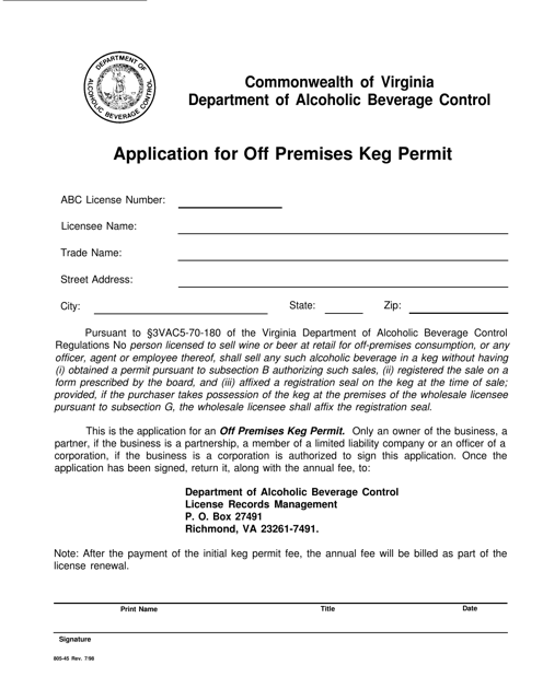 Form 805-45 Application for off Premises Keg Permit - Virginia