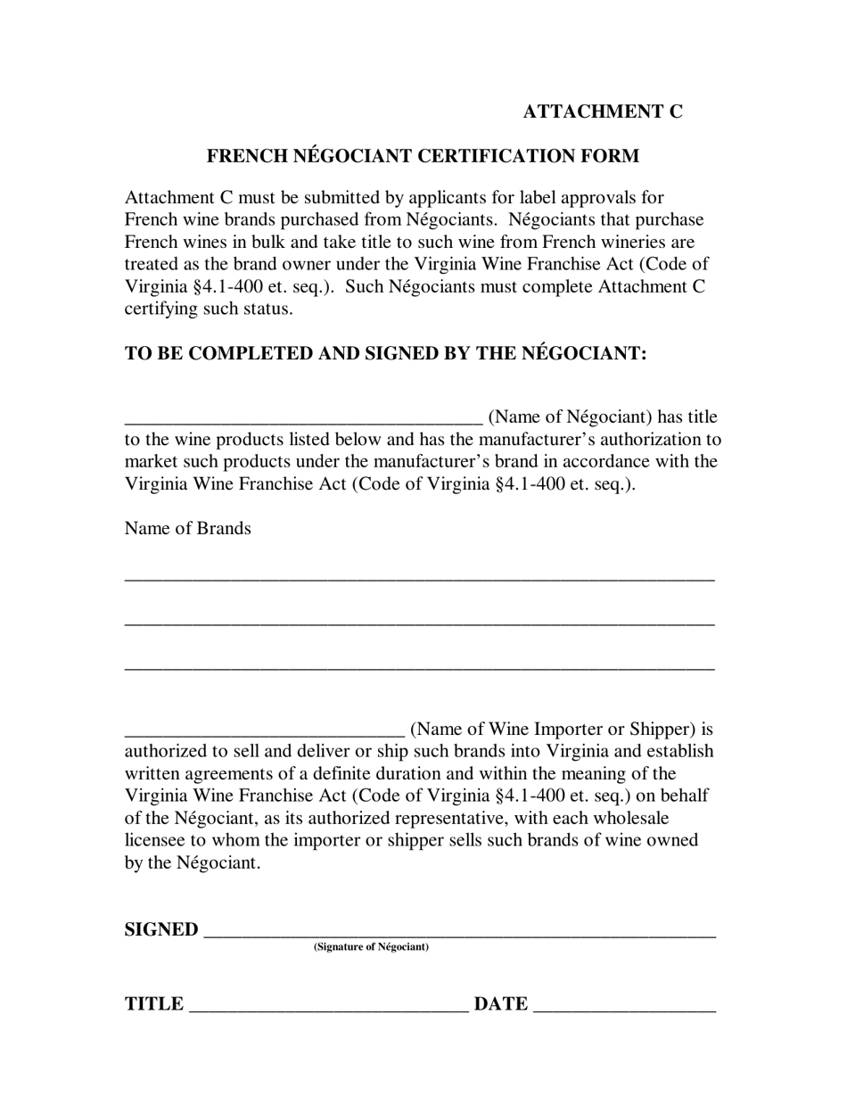 Attachment C French Negociant Certification Form - Virginia, Page 1