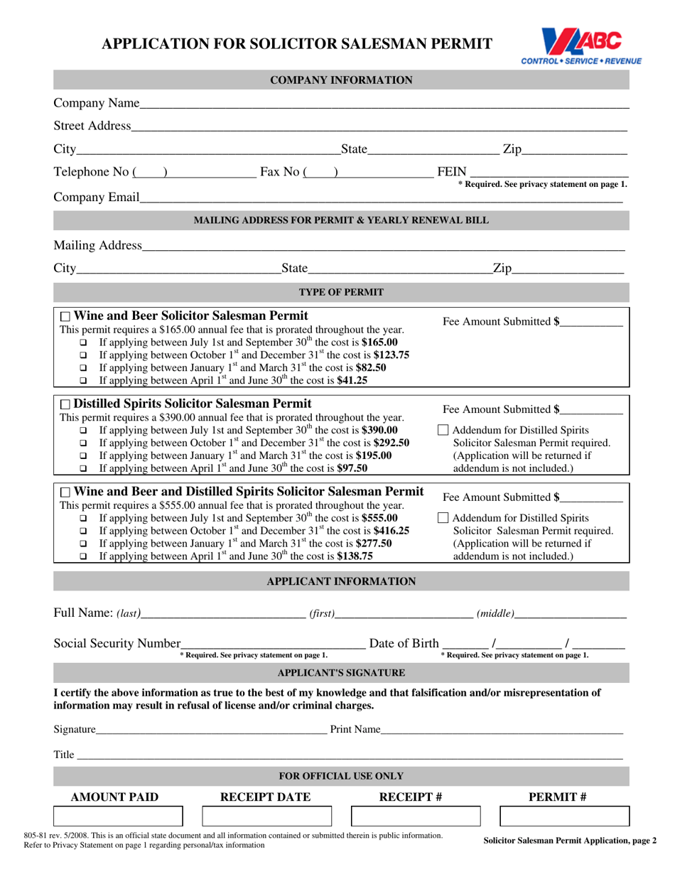 Form 805-81 Application for Solicitor Salesman Permit - Virginia, Page 2