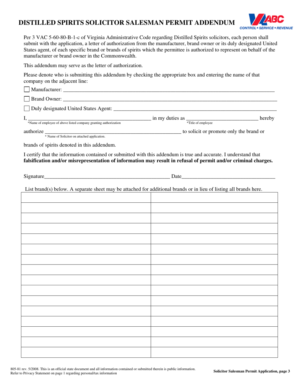 Form 805-81 Application for Solicitor Salesman Permit - Virginia, Page 3