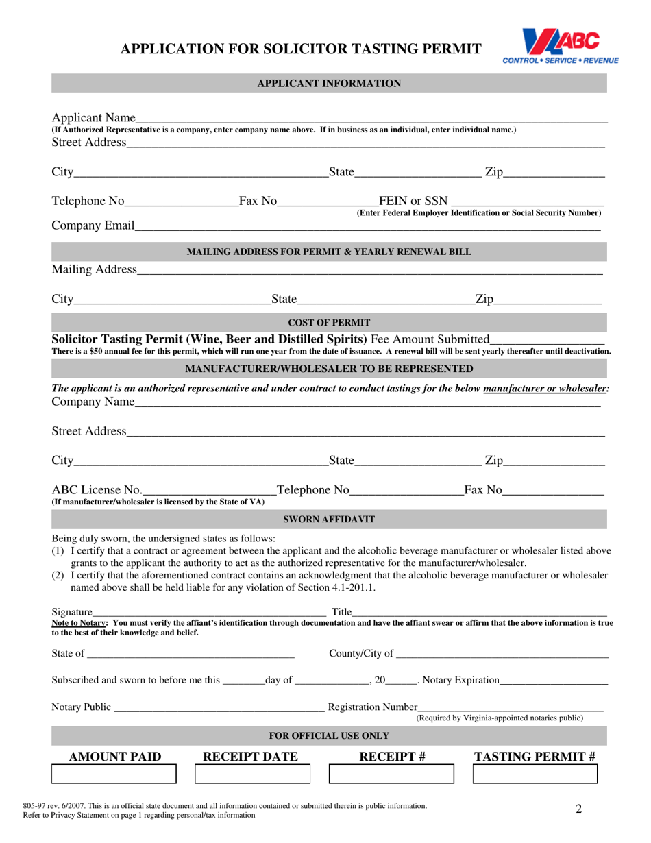 Form 805-97 Application for Solicitor Tasting Permit - Virginia, Page 2