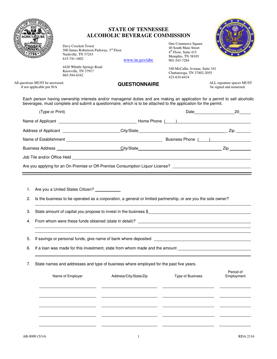 Form AB-0009 Questionnaire - Tennessee, Page 1