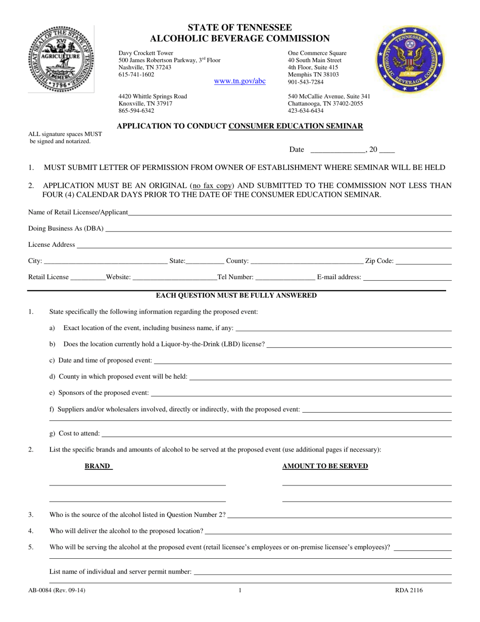 Form AB-0084 Application to Conduct Consumer Education Seminar - Tennessee, Page 1