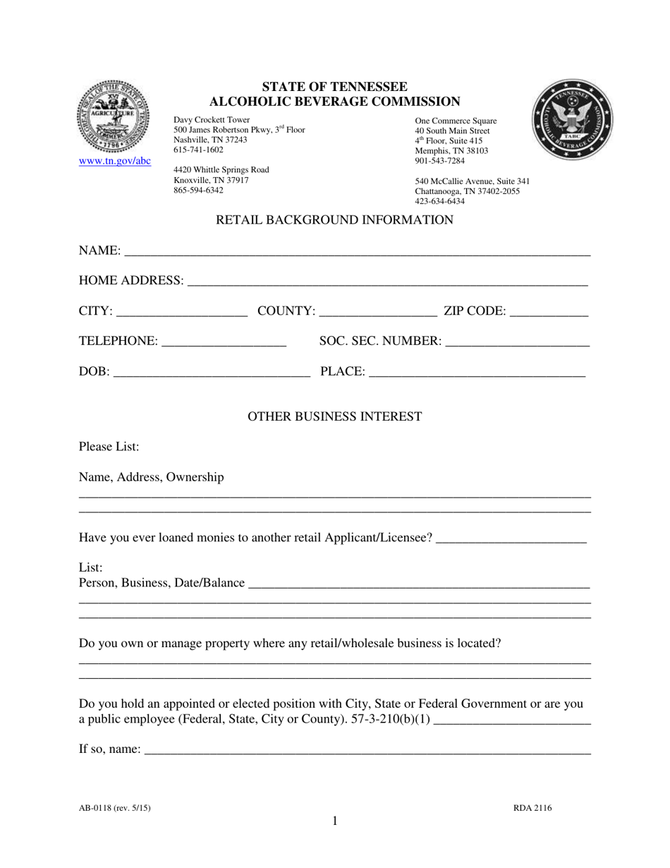 Form AB-0118 Retail Background Information - Tennessee, Page 1