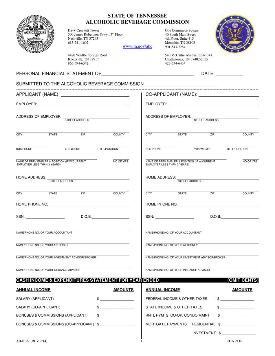 Form AB-0127 Personal Financial Statement - Tennessee, Page 1