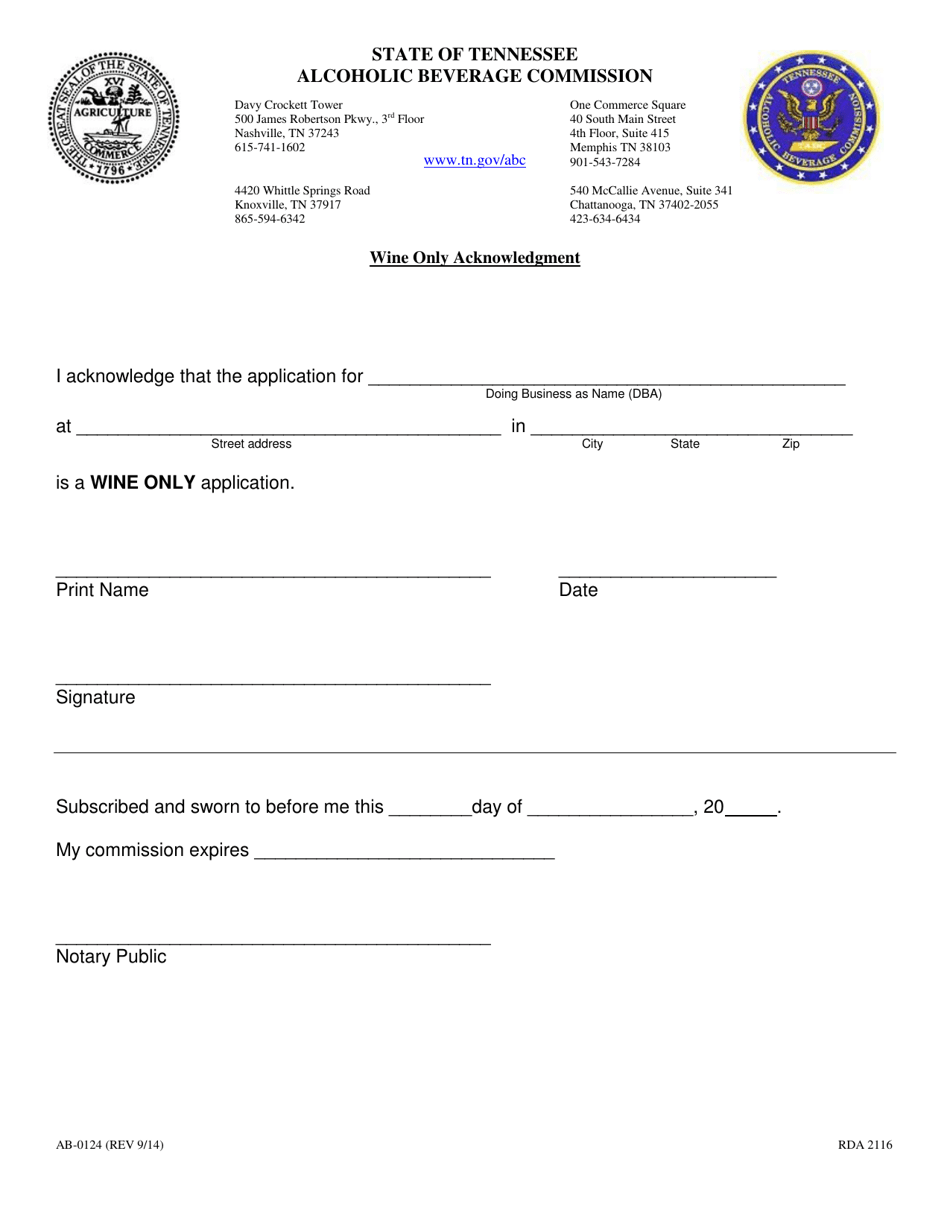 Form AB-0124 Wine Only Acknowledgment - Tennessee, Page 1