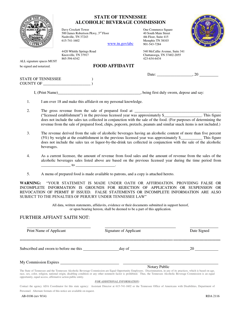 Form AB-0106 Food Affidavit - Tennessee, Page 1