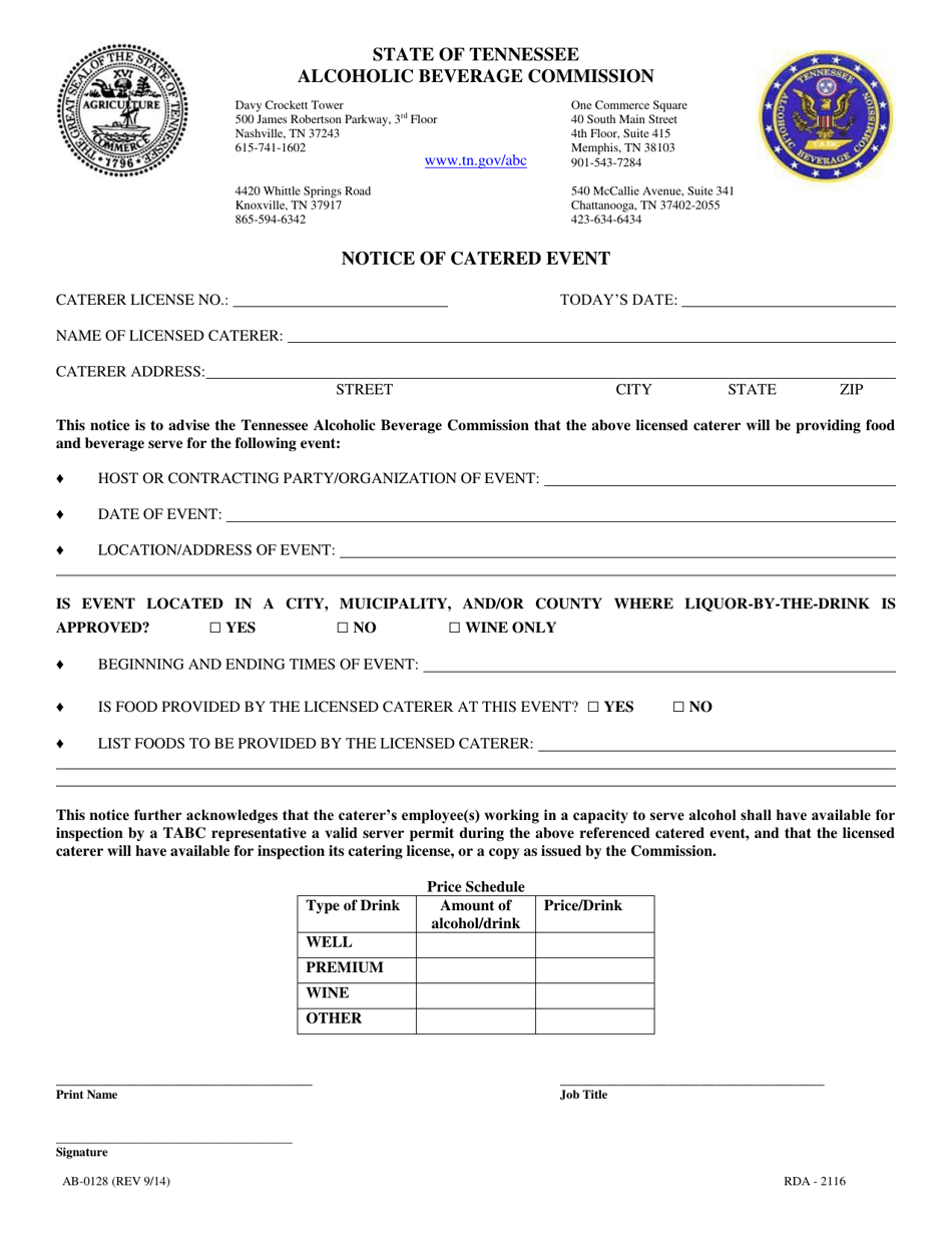 Form AB-0128 Notice of Catered Event - Tennessee, Page 1