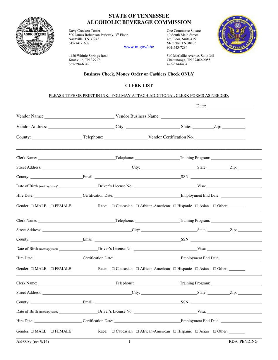 Form AB-0089 Clerk List - Tennessee, Page 1