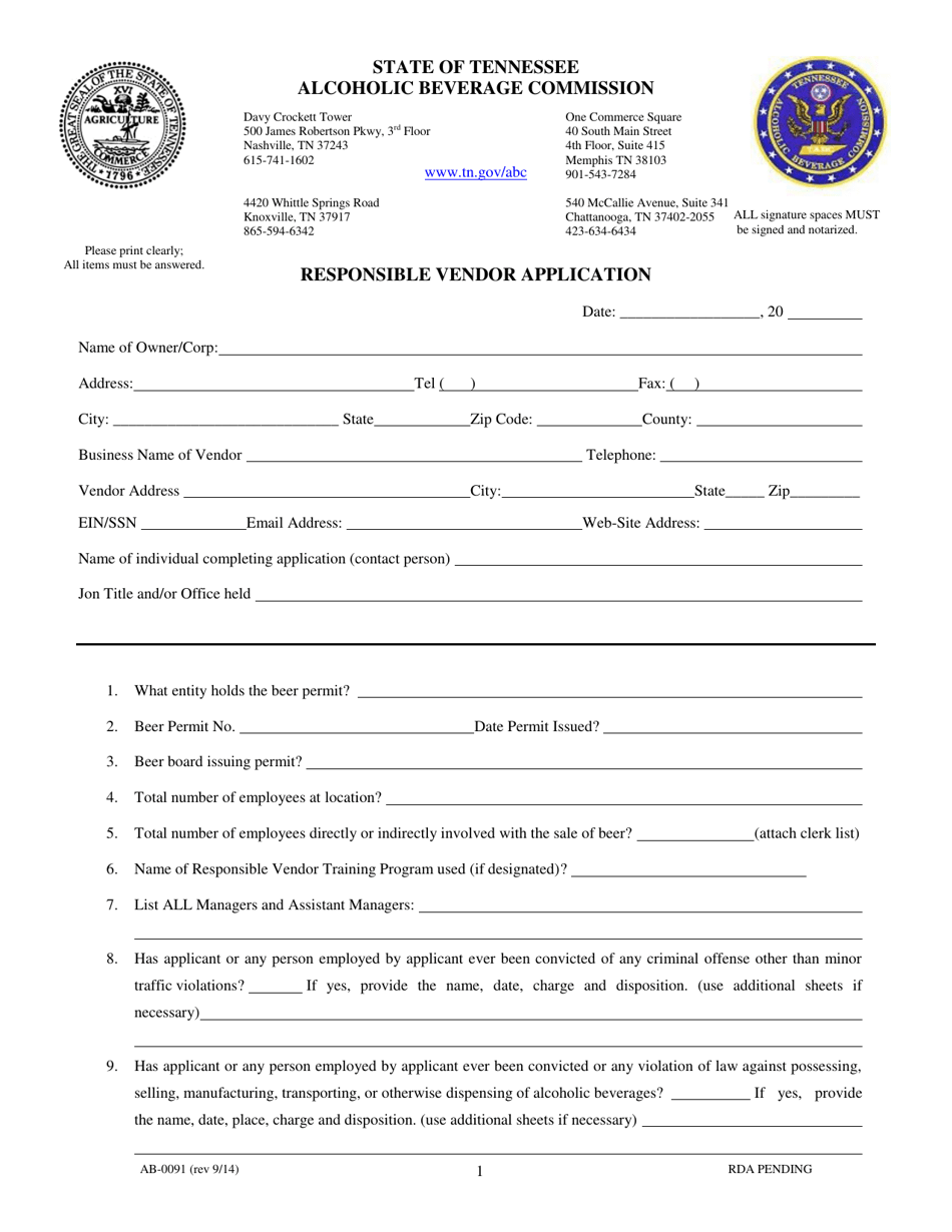 Form AB-0091 Responsible Vendor Application - Tennessee, Page 1