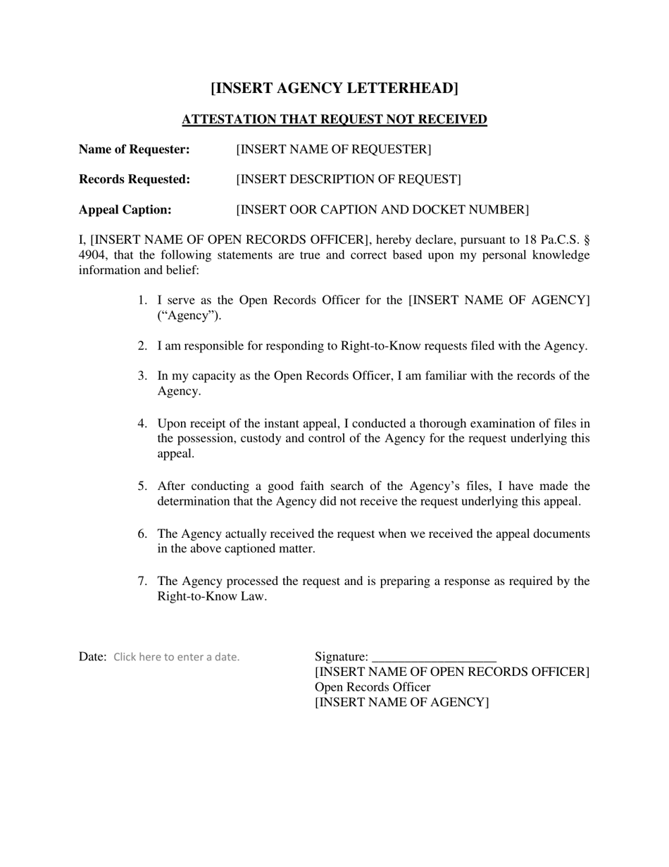Attestation That Request Not Received - Pennsylvania, Page 1