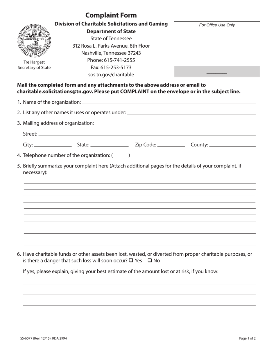 Form SS-6077 Charitable Solicitations Complaint Form - Tennessee, Page 1
