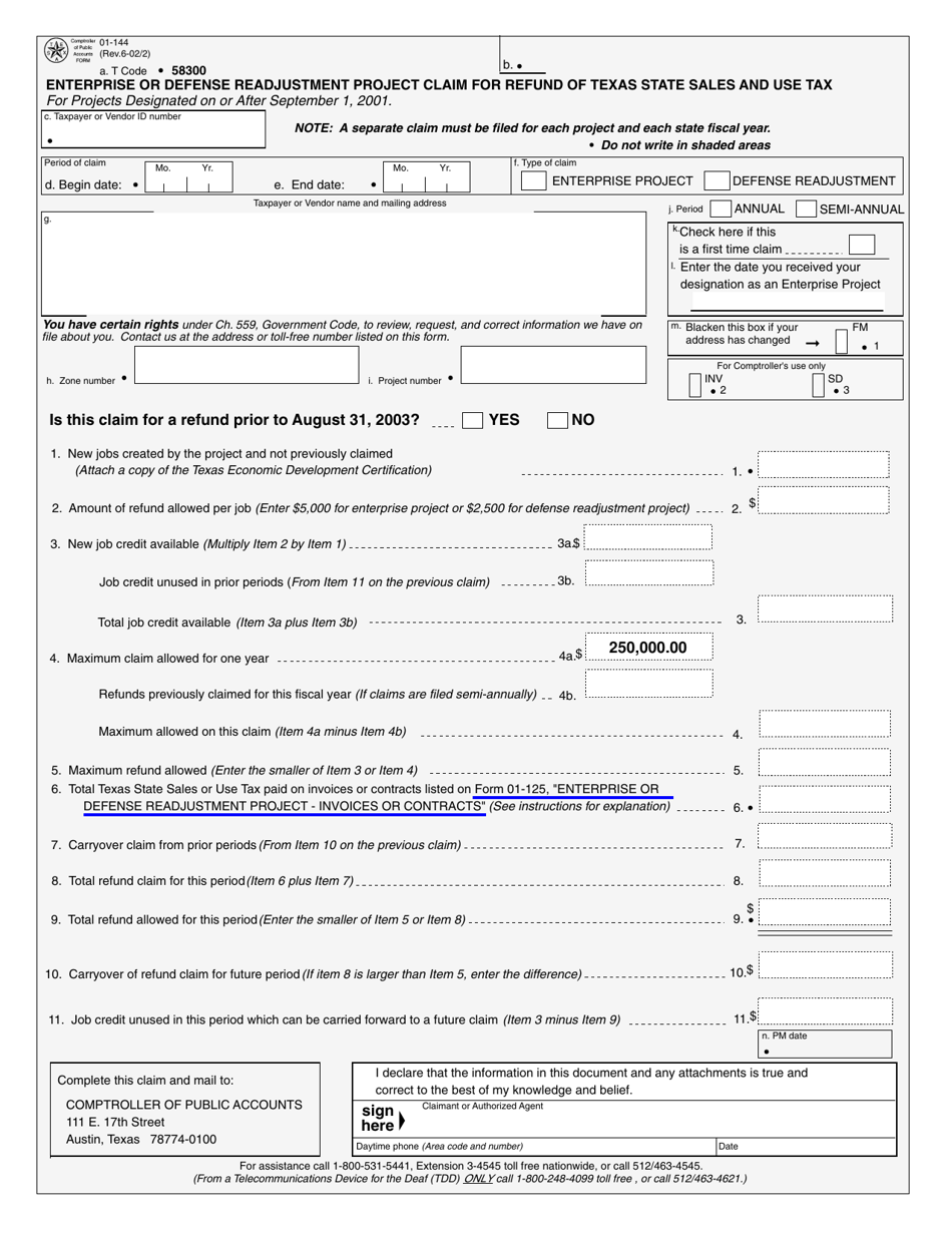 Form 01-144 - Fill Out, Sign Online and Download Fillable PDF, Texas ...