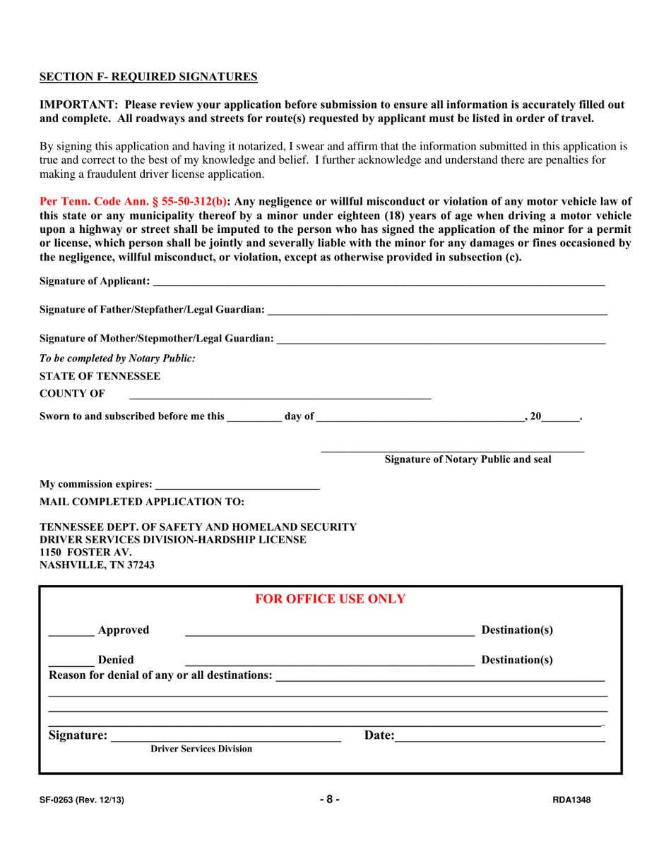 Form SF-0263 Application for Hardship / Temporary Hardship Driver License - Tennessee, Page 12
