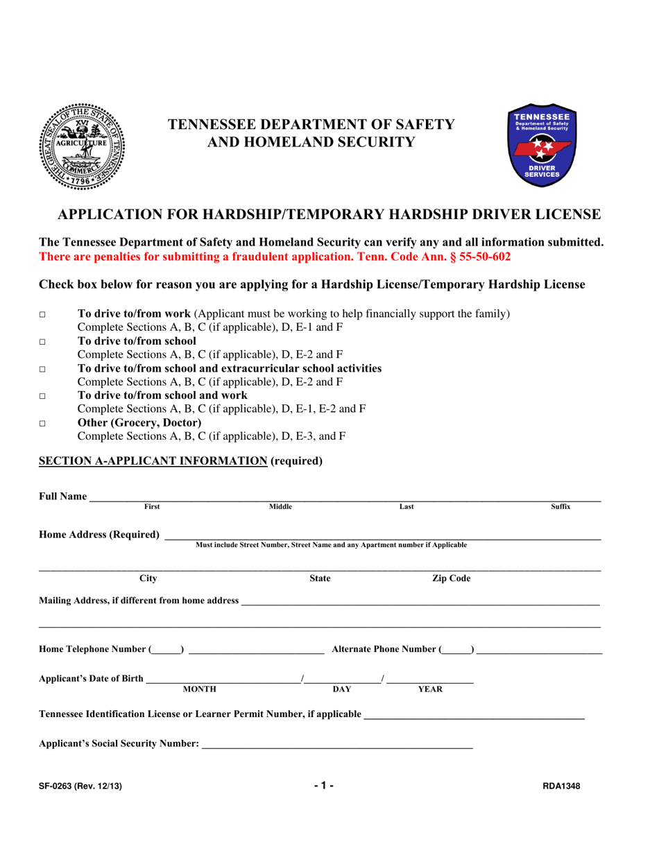 Form SF-0263 Application for Hardship / Temporary Hardship Driver License - Tennessee, Page 5