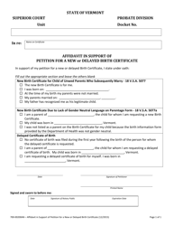 Document preview: Form 700-00200AN Affidavit in Support of Petition for a New or Delayed Birth Certificate - Vermont