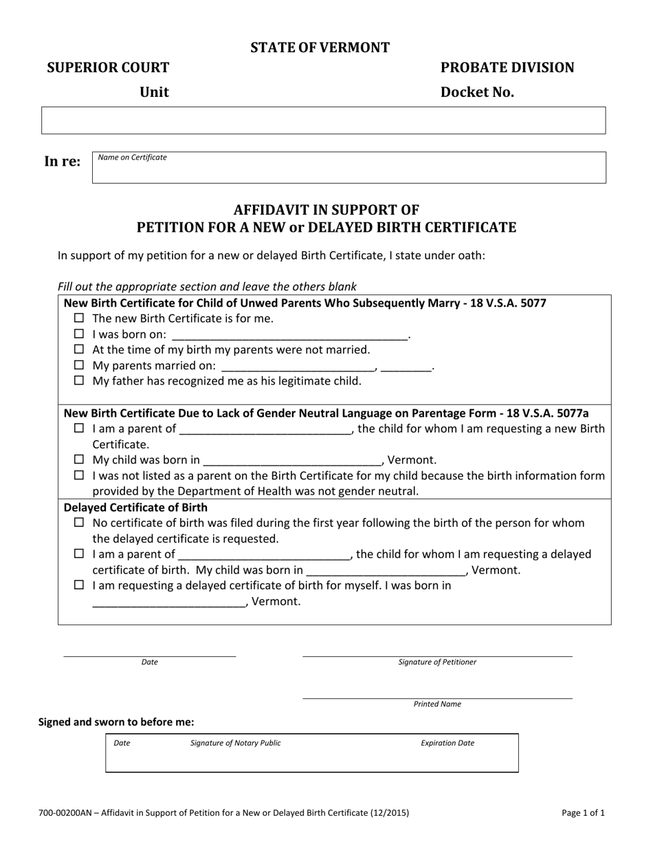 Form 700-00200AN Affidavit in Support of Petition for a New or Delayed Birth Certificate - Vermont, Page 1
