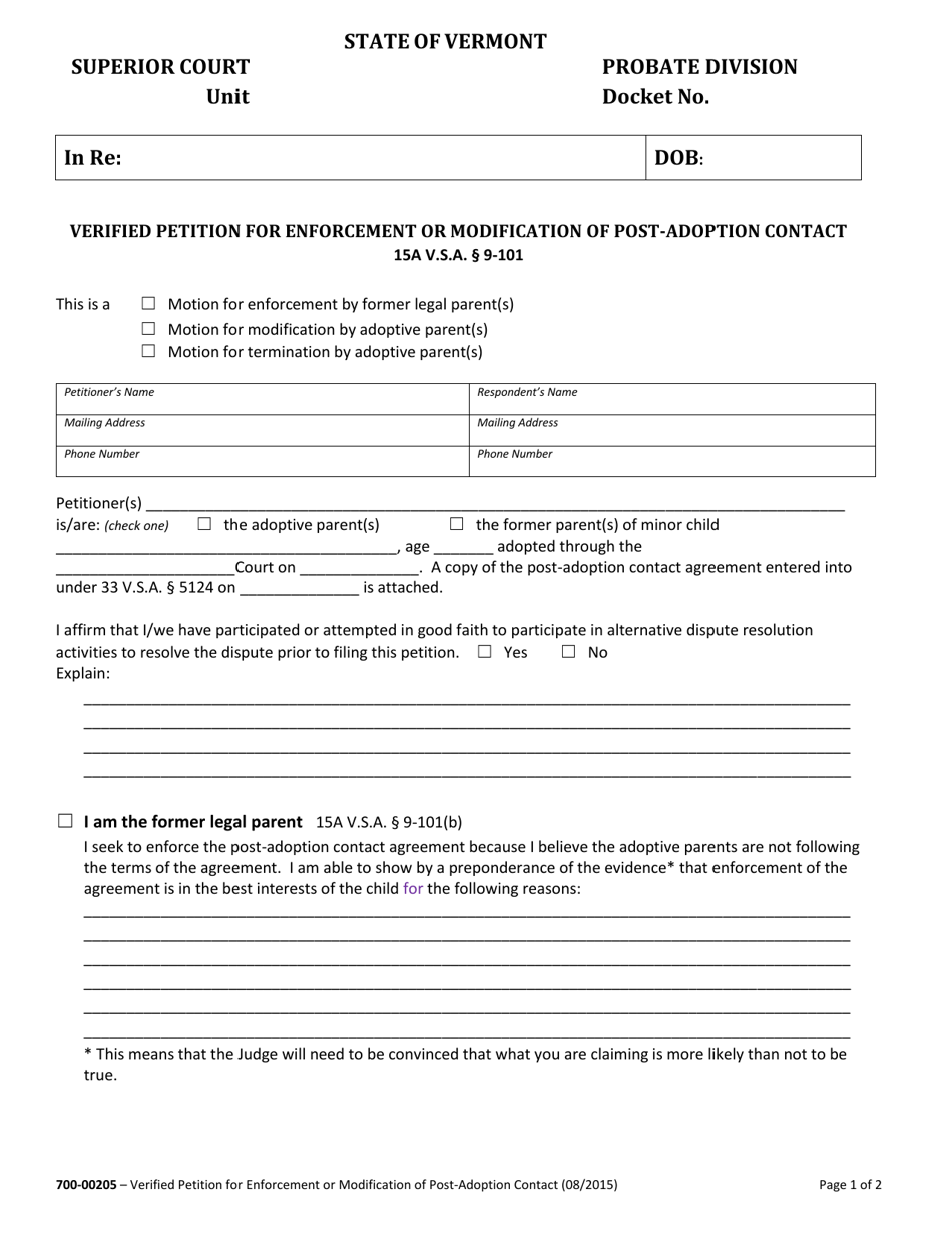 Form 700-00205 Verified Petition for Enforcement or Modification of Post-adoption Contact - Vermont, Page 1