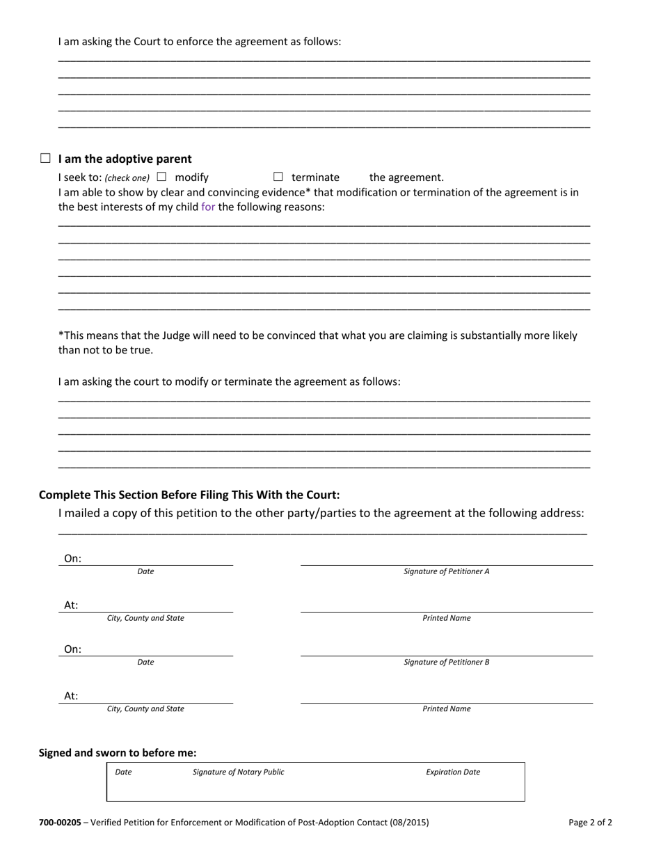 Form 700-00205 Verified Petition for Enforcement or Modification of Post-adoption Contact - Vermont, Page 2
