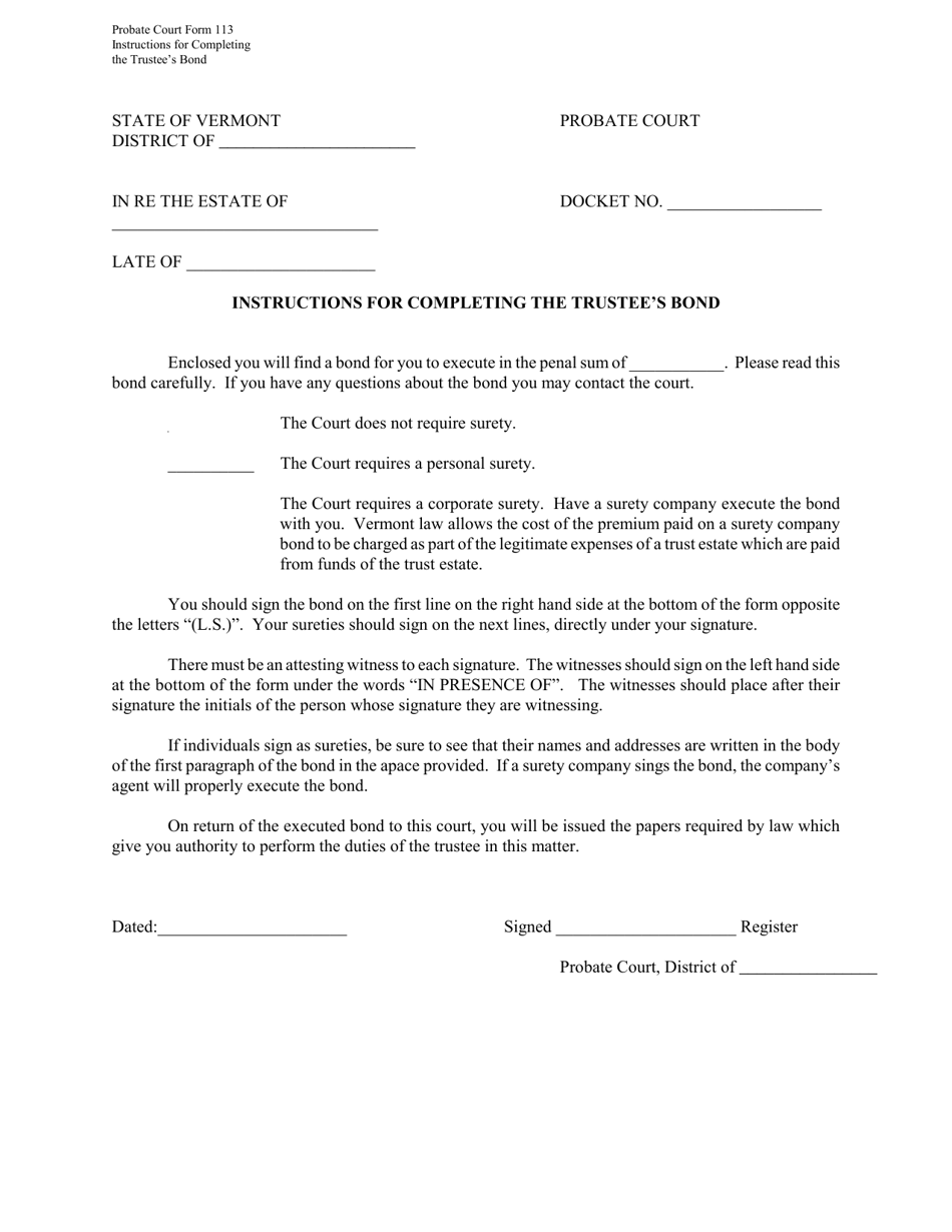 Instructions for Form PC113 Trustees Bond - Vermont, Page 1