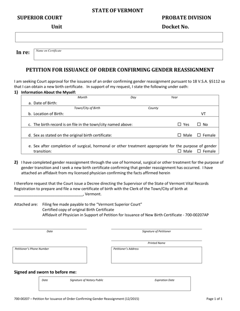 Form 700-00207 Petition for Issuance of Order Confirming Gender Reassignment - Vermont