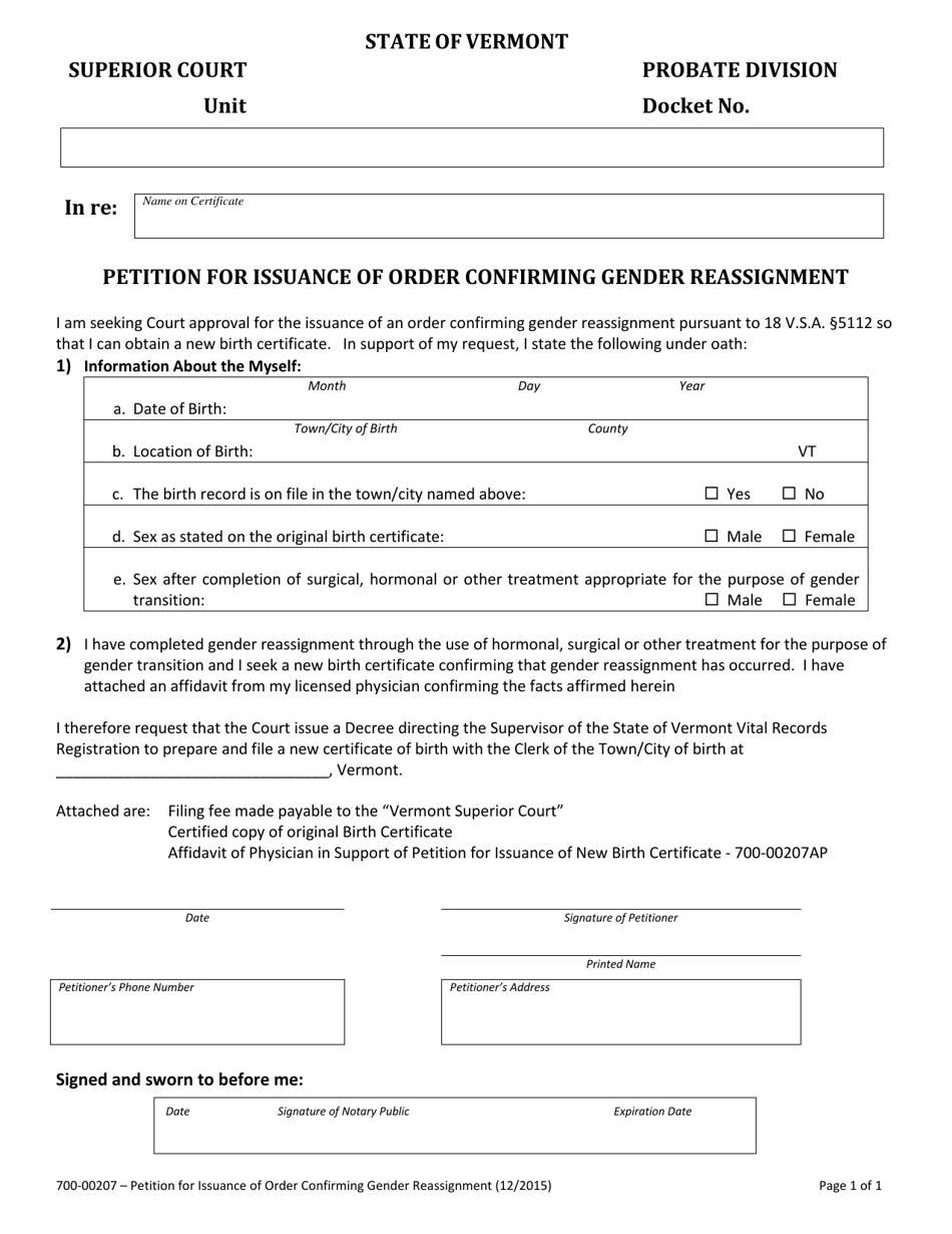 Form 700-00207 Petition for Issuance of Order Confirming Gender Reassignment - Vermont, Page 1