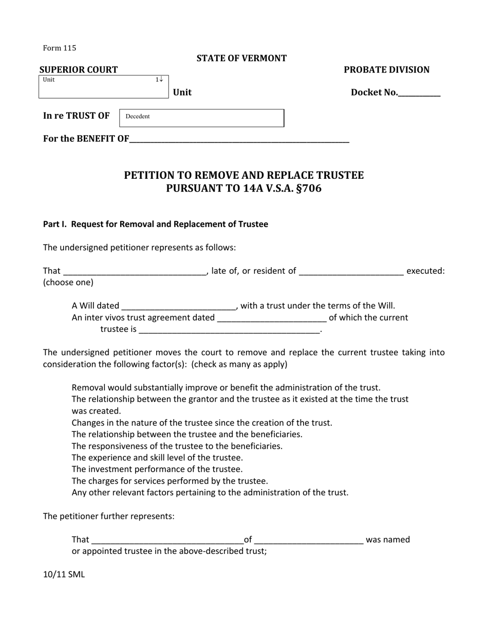 Form PC115 Petition to Remove and Replace Trustee - Vermont, Page 1