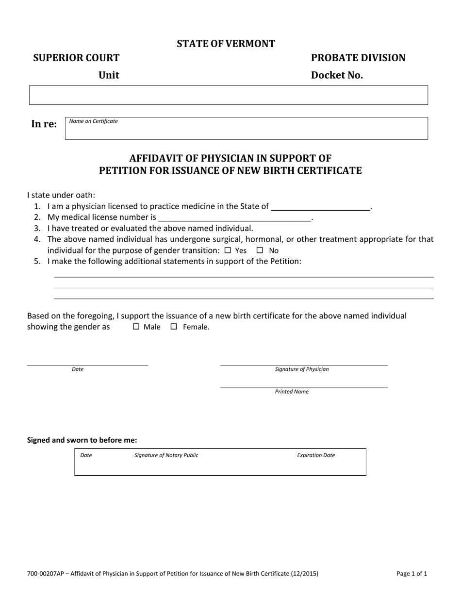 Form 700-00207AP Affidavit of Physician in Support of Petition for Issuance of New Birth Certificate - Vermont, Page 1