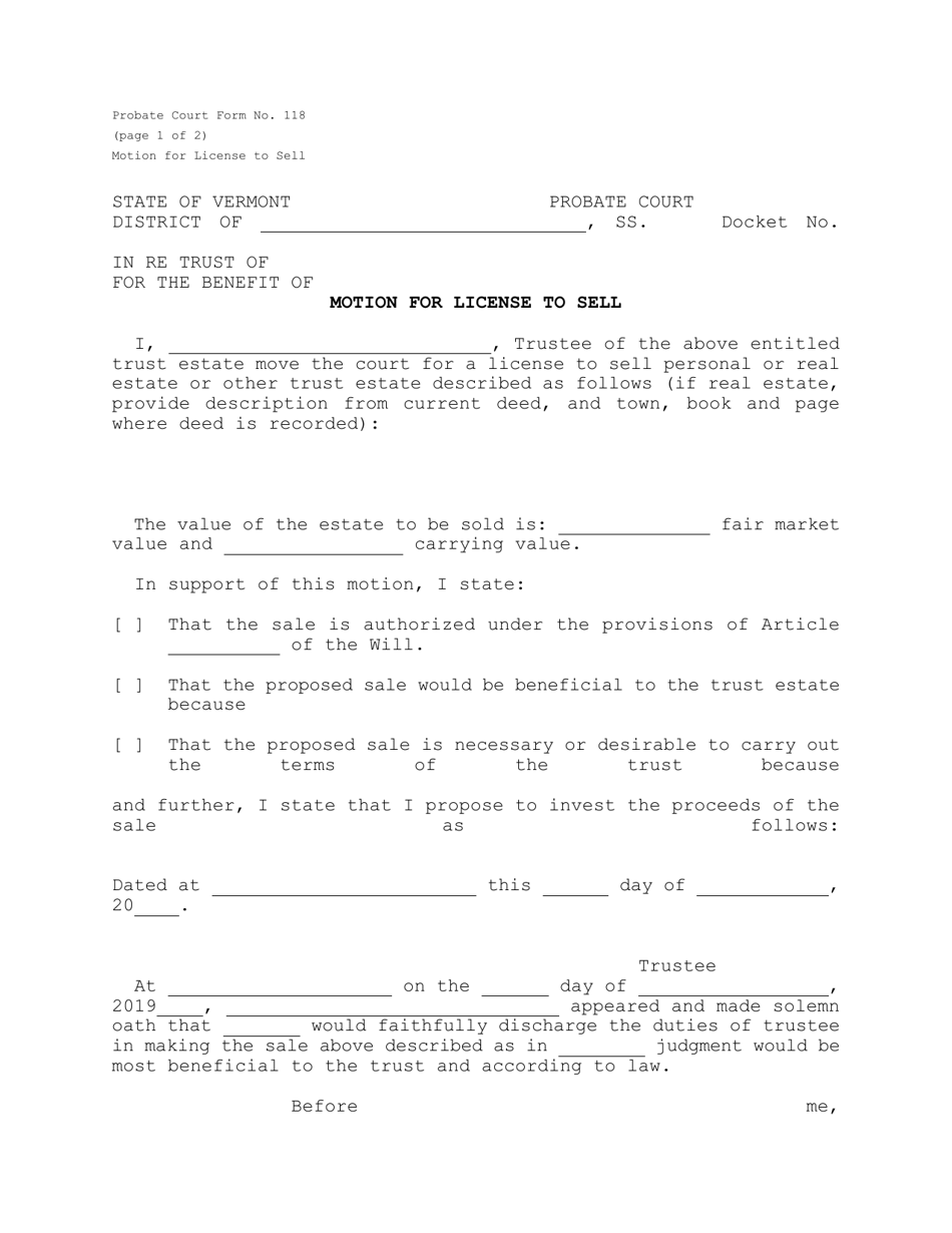 Form PC118 Motion for License to Sell - Vermont, Page 1