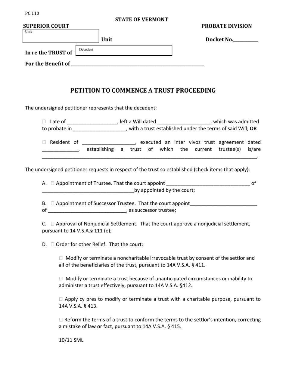 Form PC110 Petition to Commence a Trust Proceeding - Vermont, Page 1